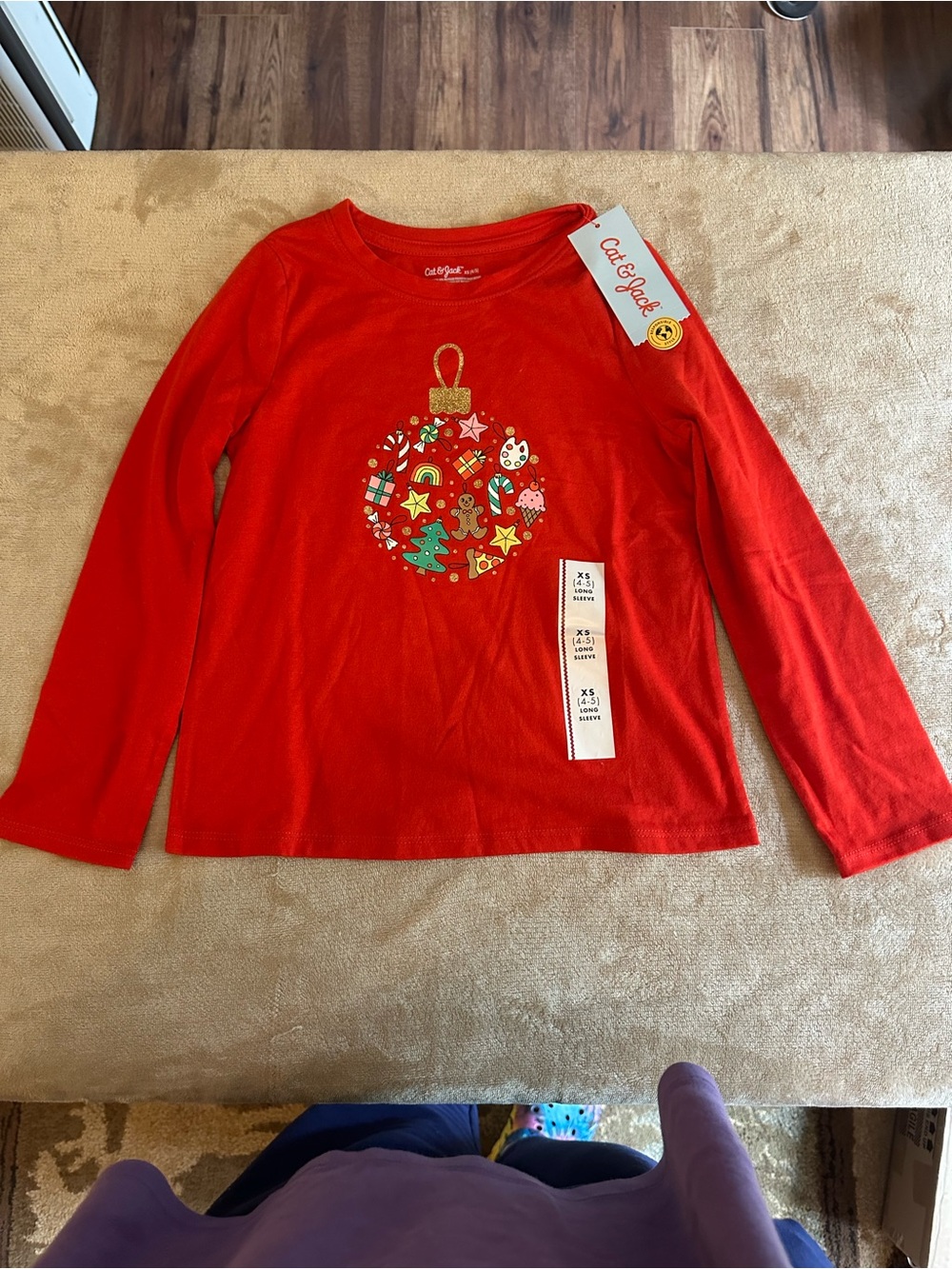 Cat & Jack Red Long-Sleeve Tee with Festive Ornament Graphic
